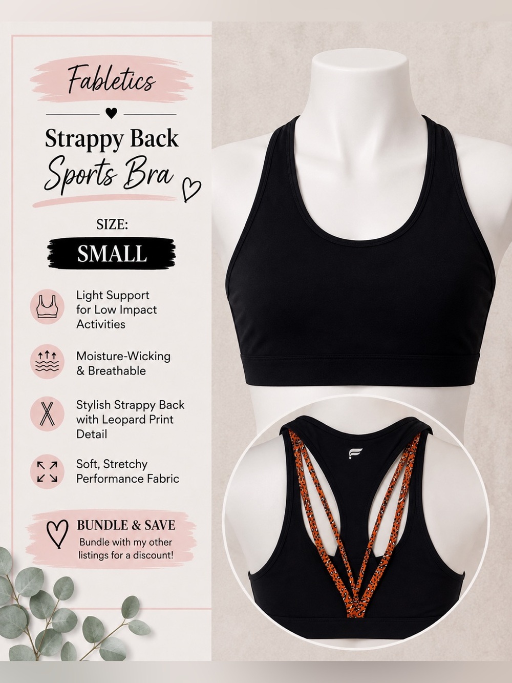 Fabletics small Black Sports Bra with Leopard-Print Strappy Back